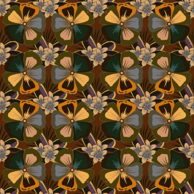 Çiçek arkaplan. Mor, sarı ve kahverengi renklerde, sevimli kozmos çiçekleriyle kusursuz vektör deseni..