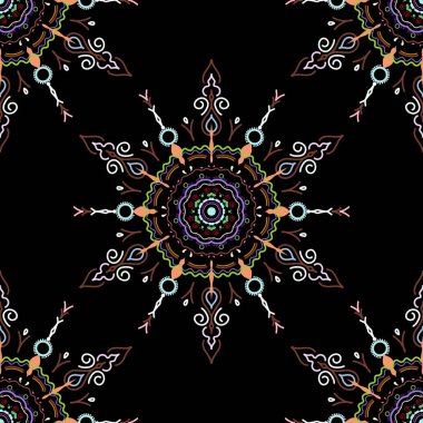 Vektörsüz damaske deseni, klasik duvar kağıdı, arka plan. Siyah arkaplanda turuncu, nötr ve mor renkli süsleme kenarlığı.