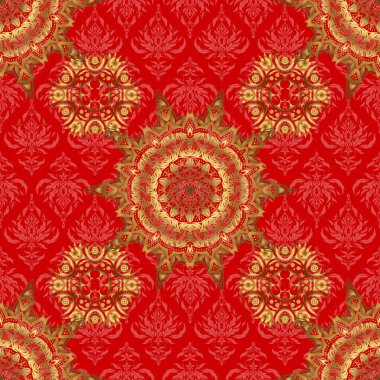 Altın süslemeli klasik tasarım. Kırmızı arkaplanda altın süslemeleri olan soyut vektörsüz desen.
