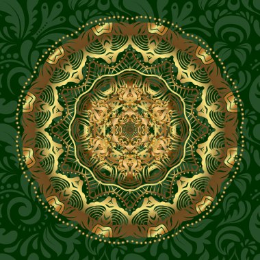 El boyası vektör mandala, yeşil arka planda altın, Hint tavus kuşu, Hint deseni, altın mandala, mandala tavus kuşu.