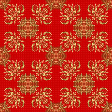 Kırmızı arka planda lüks süs eşyası olan kusursuz bir desen. Vektör çizimi. Altın Elementlerle Zarif Noel Posteri Şablonu.