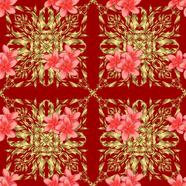 Modelo Floral Sin Costuras Con Flores Plumeria Estilizadas Fondo Rojo — Vector de stock