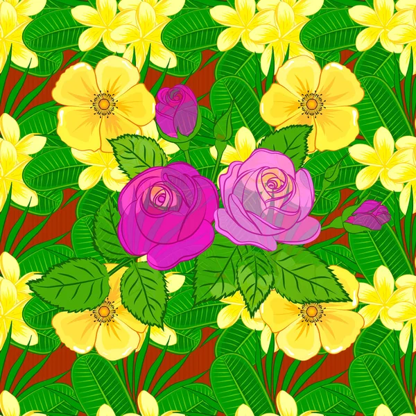 摘要橙色 黄色和绿色的玫瑰背景 植物图解 一丛丛复古植物 玫瑰无缝图案 花朵为维多利亚风格 矢量老式设计 — 图库矢量图片