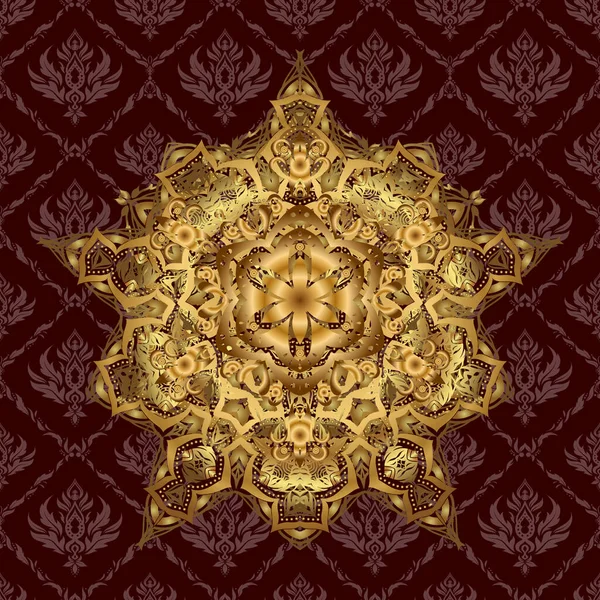 族裔结构 伊斯兰教 印第安人 复兴的漩涡 东方对称花边面料墙纸棕色背景的古色古香装饰 Gold Mandala模式 阿拉伯文背景 — 图库矢量图片