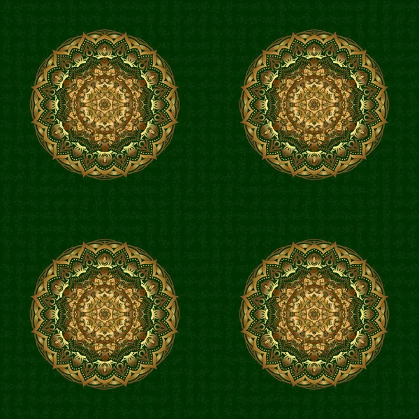 绿色背景上的金圆饰物图案 病媒Mandala — 图库矢量图片