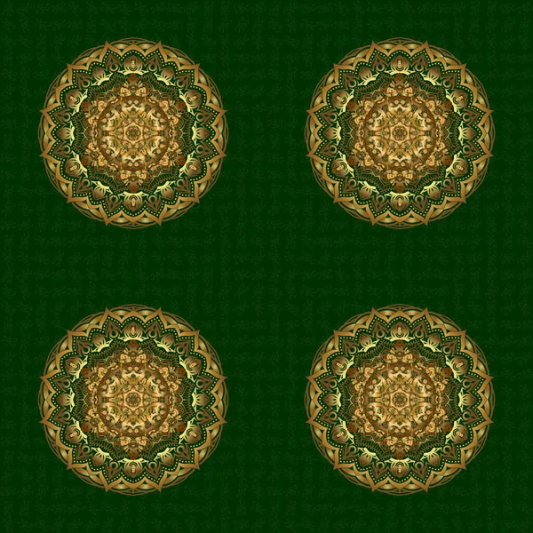 Modelo Ornamento Redondo Dorado Sobre Fondo Verde Vector Mandala — Vector de stock