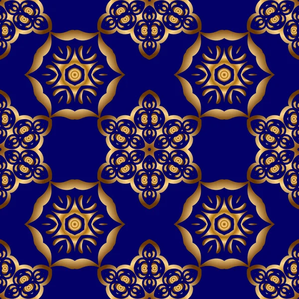 东方金黄色的无缝图案与阿拉伯和花卉元素 蓝色背景的传统经典矢量装饰品 — 图库矢量图片