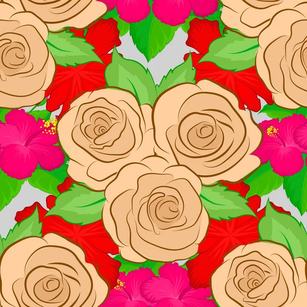 Vector Illustratie Naadloos Patroon Met Schattige Rozenbloemen Groene Bladeren Een — Stockvector