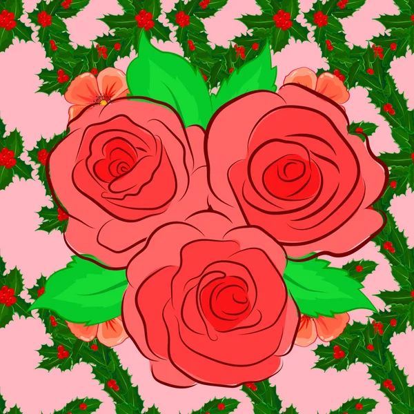 Vektorillustrasjon Sømløst Blomstermønster Rosa Bakgrunn Med Roseblomster Grønne Blader – stockvektor