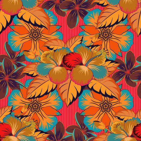 Modelo Sin Costuras Fondo Floral Rojo Rosa Naranja Dibujo Vectorial — Vector de stock