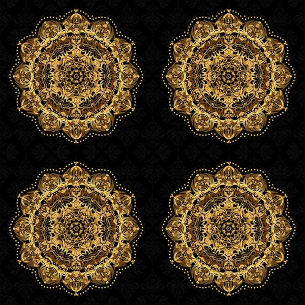 Illustration Vectorielle Étoile Dorée Éclatante Résumé Mandala Sur Fond Noir — Image vectorielle