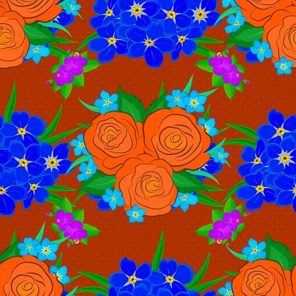 Оранжевые Зеленые Синие Цветы Бесшовный Рисунок Векторный Акварельный Фон — стоковый вектор