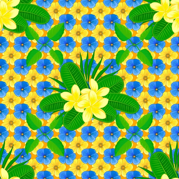 梅の花とベクトル縞のシームレスなパターン 包装紙のための装飾品 伝統的な東洋のシームレスなペイズリーパターン 黄色の背景の花の壁紙 — ストックベクタ