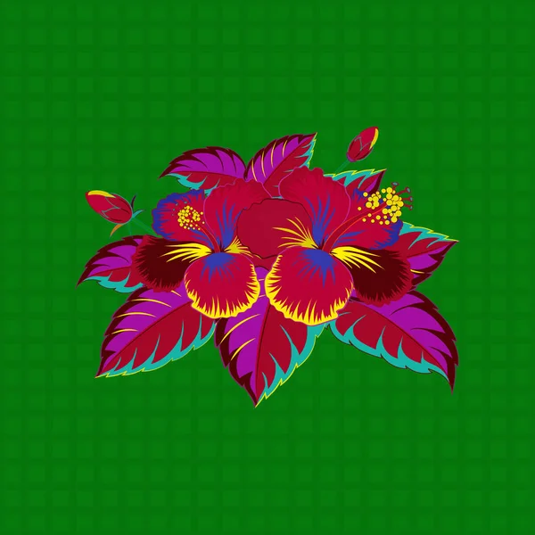 Modelo Tropical Hawaiano Sin Costuras Florales Colores Violeta Verde Rojo — Vector de stock