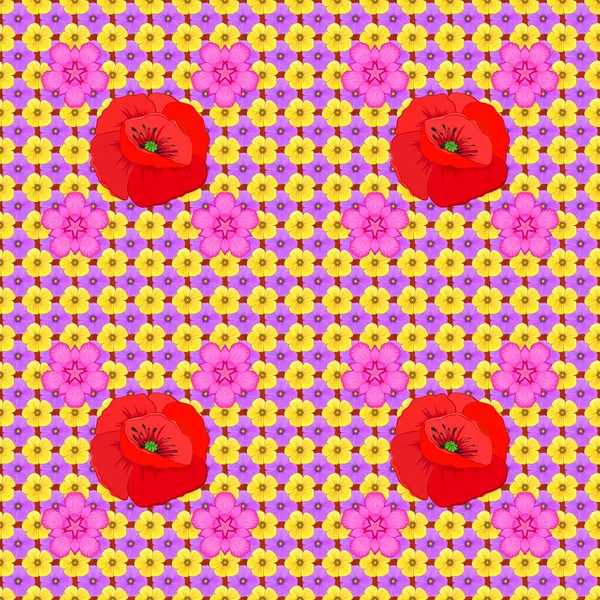 Beautiful watercolor poppy flowers in yellow, violet and pink colors. Bright painting inspired poppy flower print. Raster seamless background.