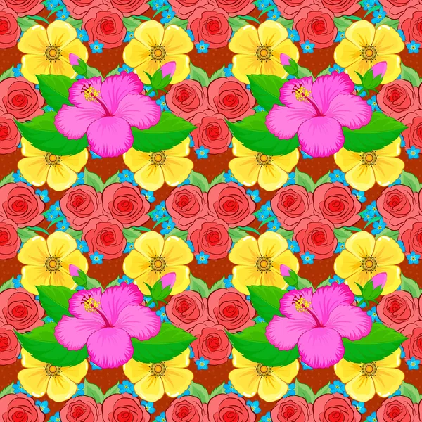 Wektor Bezszwowy Wzór Tropikalnych Kwiatów Hibiskusa Kolorze Różowym Żółtym Zielonym — Wektor stockowy