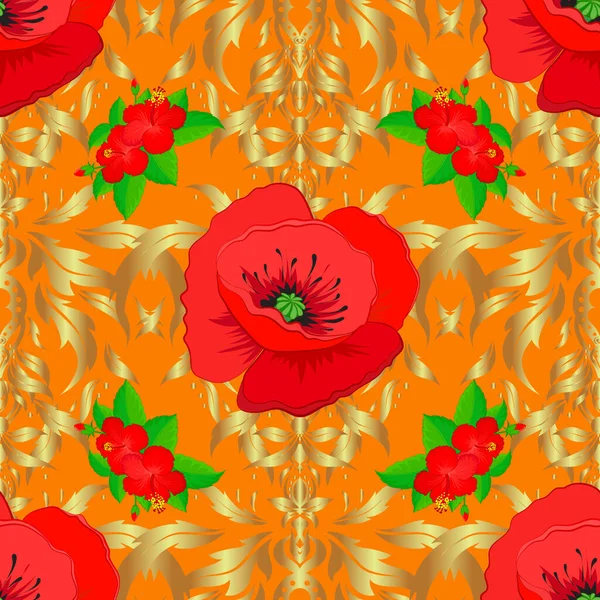 Décor Floral Sans Couture Fleurs Pavot Sur Fond Orange Illustration — Image vectorielle