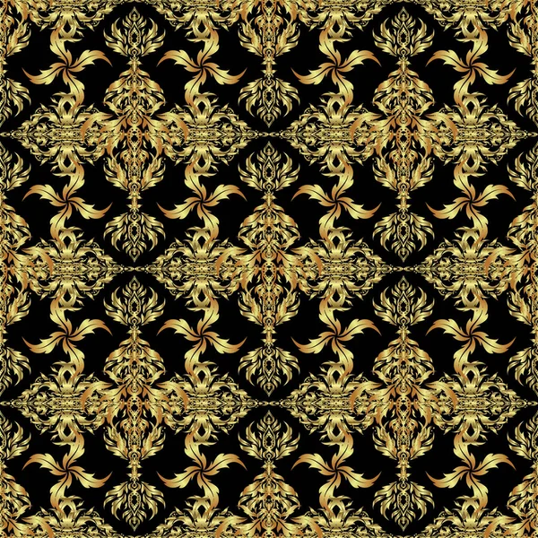 シームレスな古典的なベクトル黄金のパターン 黒を基調とした伝統的な装飾 — ストックベクタ