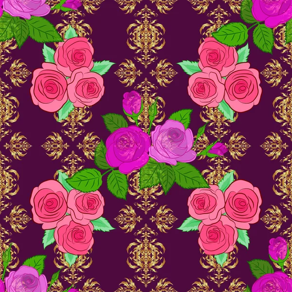 Vector Rose Flower Seamless Pattern Pink Purple Colors — Stock Vector