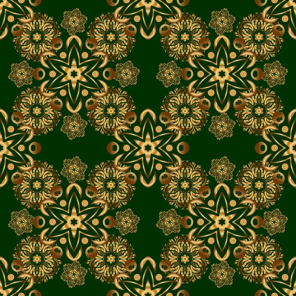 Nahtloser Floraler Rand Mit Goldenem Vintage Ornament Auf Grünem Hintergrund — Stockvektor
