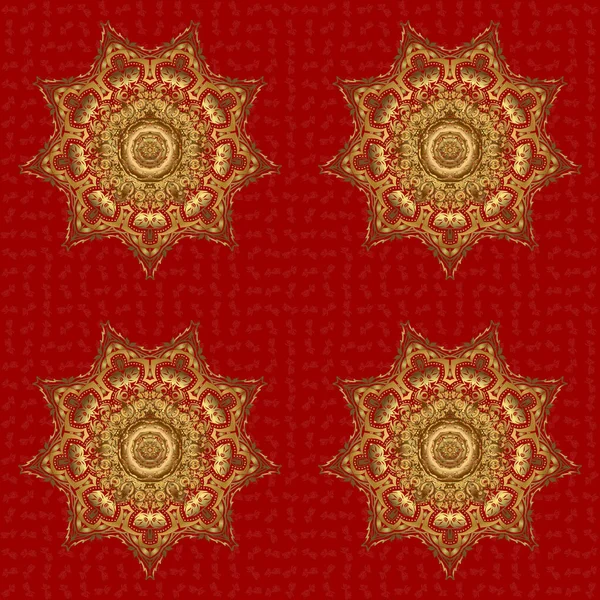 民族的な質感 対称レース 金色の曼荼羅図 アラビア語の背景 赤の背景にヴィンテージ装飾 イスラム インド モチーフ リバイバルが渦巻く — ストックベクタ