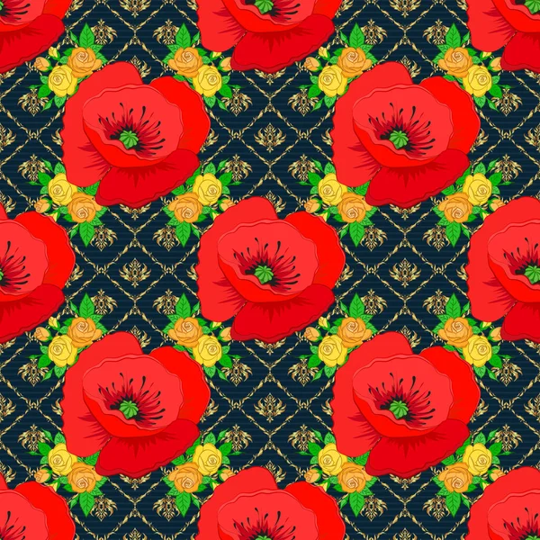 Fleur Pavot Moderne Avec Coquelicots Royaux Motif Orientation Coloré Sur — Image vectorielle