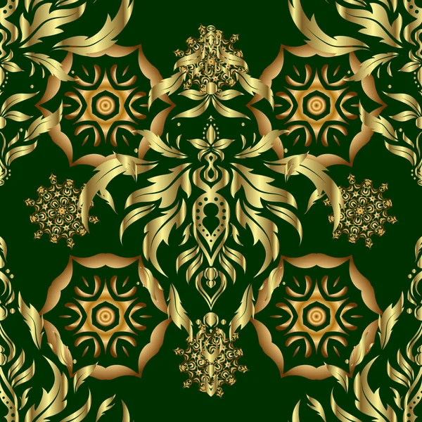 Ornement Classique Traditionnel Motif Doré Vert Sans Couture Modèle Vectoriel — Image vectorielle