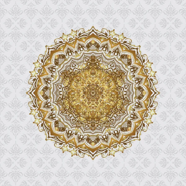 Mandalastil Vektorillustration Golden Mandala Grå Bakgrund Rik Etnisk Randig Sömlös — Stock vektor