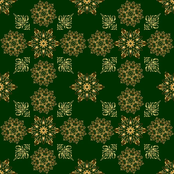 低ポリゴールドパターンイラスト 緑の背景に金色のヴィンテージシームレスパターン 抽象ベクトル黄金のテクスチャ — ストックベクタ