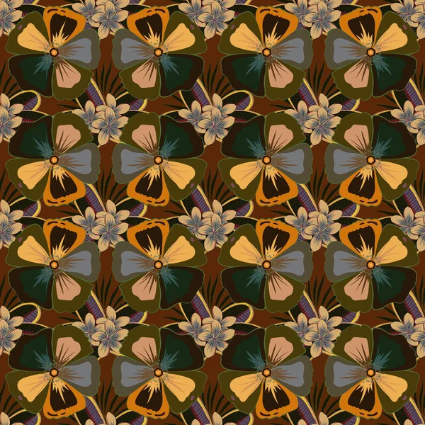 Historia Floral Modelo Vectorial Sin Costuras Colores Violeta Amarillo Marrón — Vector de stock