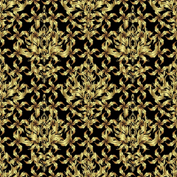 Zlatá Lesklá Ornament Černém Pozadí Damašek Hladký Vzor Abstraktní Tvary — Stockový vektor