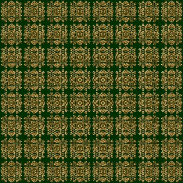 老式无缝花纹 纺织品 室内装饰 绿色背景的手工格栅金元素 — 图库矢量图片
