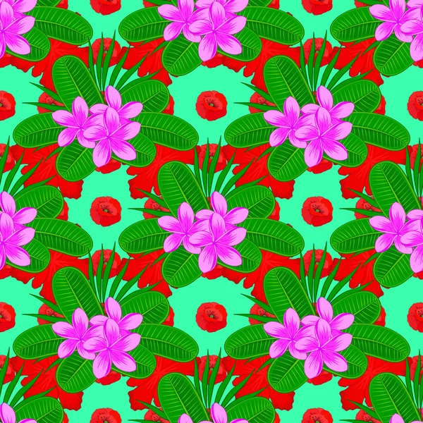 繰り返しベクトルのプルメリアの花パターン 緑の背景にモダンなモトリーの花のシームレスなパターン Print — ストックベクタ