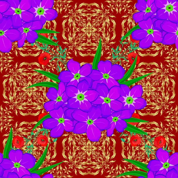 Nahtloses Vintage Muster Auf Rotem Hintergrund Handgeschriebene Vektor Primel Blumen — Stockvektor