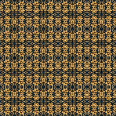 Mavi bir zemin üzerinde altın dairesel mandala, yıldızlar ve kar taneleri bulunan geleneksel süs arkaplanının vektörsüz deseni.