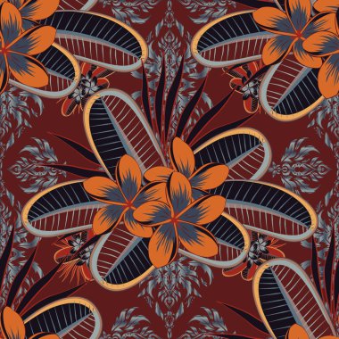 El yazısı vektör tesisat çiçekleri, pullar, anahtarlar. Turuncu, kahverengi ve gri renklerde klasik dikişsiz desen.