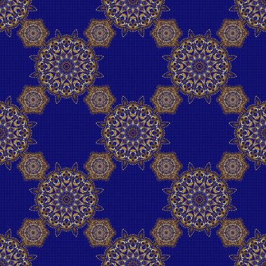 Mavi arka planda altın tekrarlayan elementlerle modern geometrik kusursuz desen. Kusursuz vektör altın süsü.