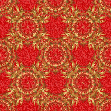 Kusursuz vektör altın süsü. Kırmızı zemin üzerinde altın tekrarlayan elementlerle modern geometrik kusursuz desen.
