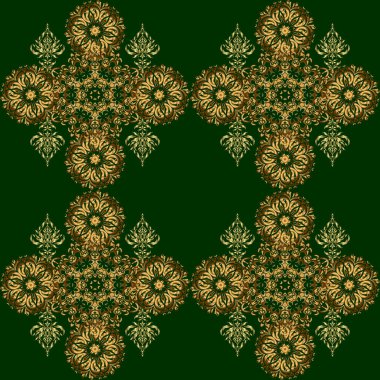 Yeşil arka planda altın tekrarlayan elementlerle soyut, pürüzsüz desen. Klasik yeşil ve altın desenli. Oriental vektör klasik desen.