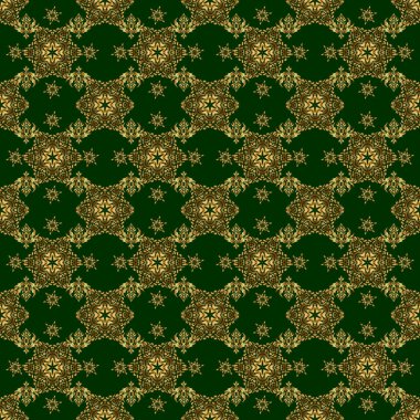 Yeşil arka planda geleneksel klasik vektör süsü. Arabesk ve çiçek elementleriyle doğulu altın desenli..