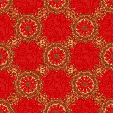 Duvar kağıtları, arka planlar, el ilanları ya da ambalaj kağıtları için desen. Şam süsü ile kusursuz desen. Kırmızı zemin üzerinde Arap tarzında kusursuz vektör altın süsü.
