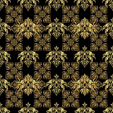 Ambalaj kağıdı, kumaş ya da tekstil için modern geometrik kusursuz desen. Eski bir süs. Tasarımlarınız ve arkaplanlarınız için siyah ve altın desenli taşıyıcı.