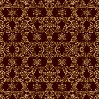 Kutlama kartlarını süslemek için alet çantası. Kahverengi arka planda altın parıltılı süsler ve parlak ışıklar. Kahverengi zemin üzerinde kusursuz altın elementler deseni.