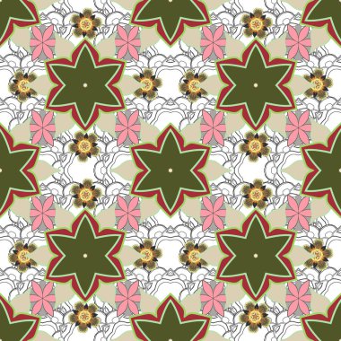 Yeşil, beyaz ve kırmızı renkte minik çiçeklerin vektör güzel arka planı. Elle çizilmiş çiçekli pürüzsüz desen.