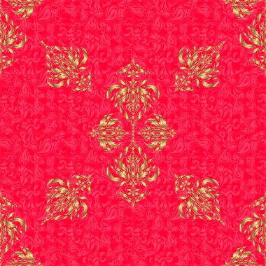Kırmızı arkaplanda altın rengi elementlerin kusursuz vektör görüntüsü. Duvar kağıdı, sunum, tasarım, tekstil için. Vektör illüstrasyonu.