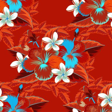 Seamless flower pattern. Vector seamless pattern with gray, red and blue hibiscus. Seamless floral pattern. Floral background in gray, red and blue colors. clipart