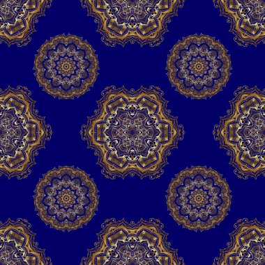 Geometrik yinelenen kusursuz desen, mavi arka planda, altıgen şekilli altın gradyan. Vektör illüstrasyonu.