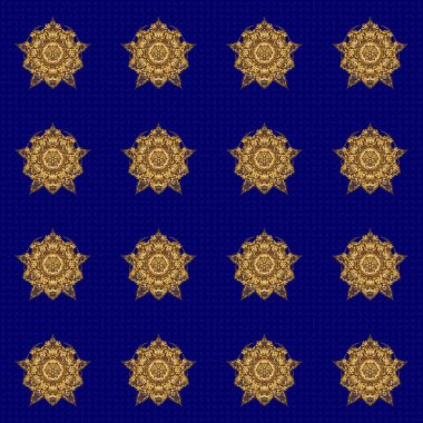 Sanat, yuvarlak, mavi arka planda izole edilmiş altın gradyanı olan renkli bir süs. Süslü, doğu mandala ile altın hatları ile.