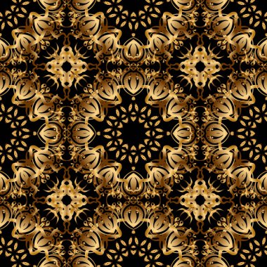 Altın süslemeli ve siyah arka planlı vektör çiçekli zarif bir davetiye kartı. Altın gradyanı olan klasik dikişsiz desen.