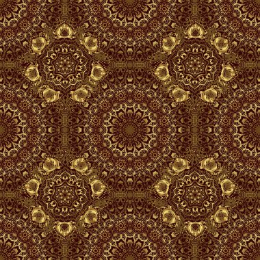 Altın yıldızlı zarif altın süs, süslü kahverengi arka planda filigran dekoru. Şatafatlı çiçeksiz desen, düğme desenli doku, eski tarz dekoratif elementler. Vektör illüstrasyonu.